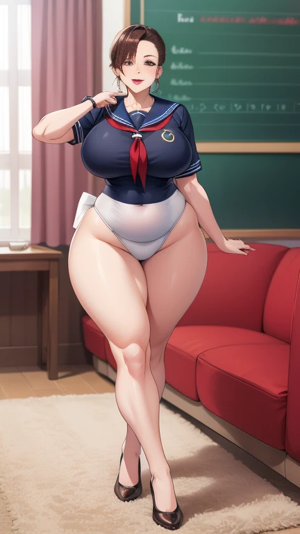in livingroom, on the couch, Large Breasts, Big Hips,Full Body Shot, Mature mother, Whipping the lower body, plump thighs, Ample calves, Seductive mature woman, Perfect body, Plus Size Model,high school girl,tiny Sailor suit, The skirt is short,Mature woman wearing tiny Sailor suit, open legs