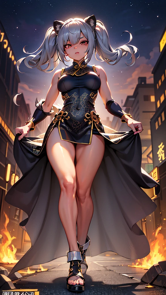 （dark skin),Silver Hair,((Fox Girl)),(Perfectly detailed face),(Young),twintails,((fine cloth texture, sleeveless leopard print cheongsam, slit at waist)),(wedgie),spread legs,High quality,Ultra detailed, best quality,insanely detailed,beautiful,masterpiece,((highly detailed cheongsam,highly detailed beautiful eyes,highly detailed beautiful face)),super detailed skin,full body,from below