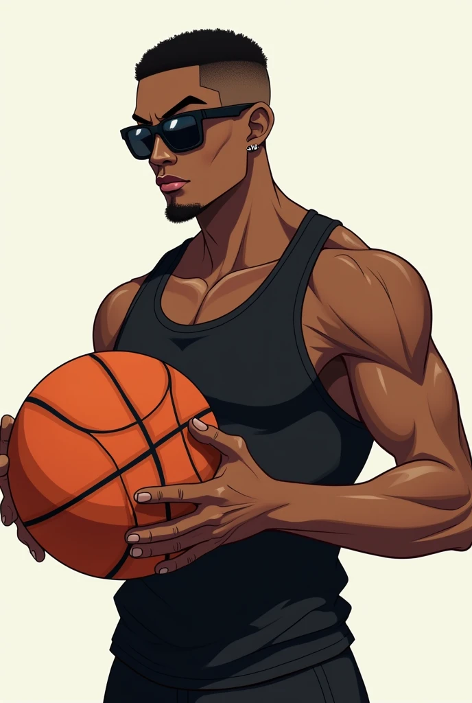 young black man with short hair, shaved on the sides, wearing sunglasses. anime styling. black tank top, holding basketball. portraite.