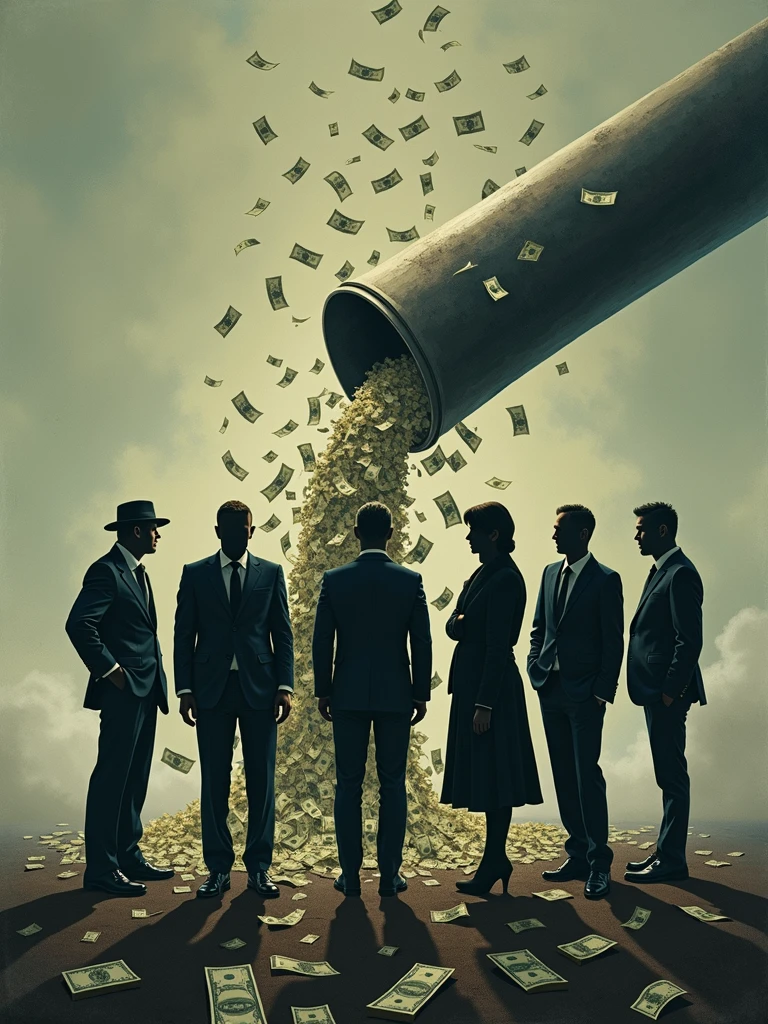 6 humans, next to each other, not clear, just your figure, silhuette, in the background a pipe gushing money, the bills appear coming out of the pipe
