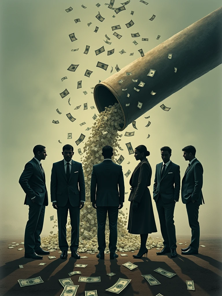 6 humans, next to each other, not clear, just your figure, silhuette, in the background a pipe gushing money, the bills appear coming out of the pipe