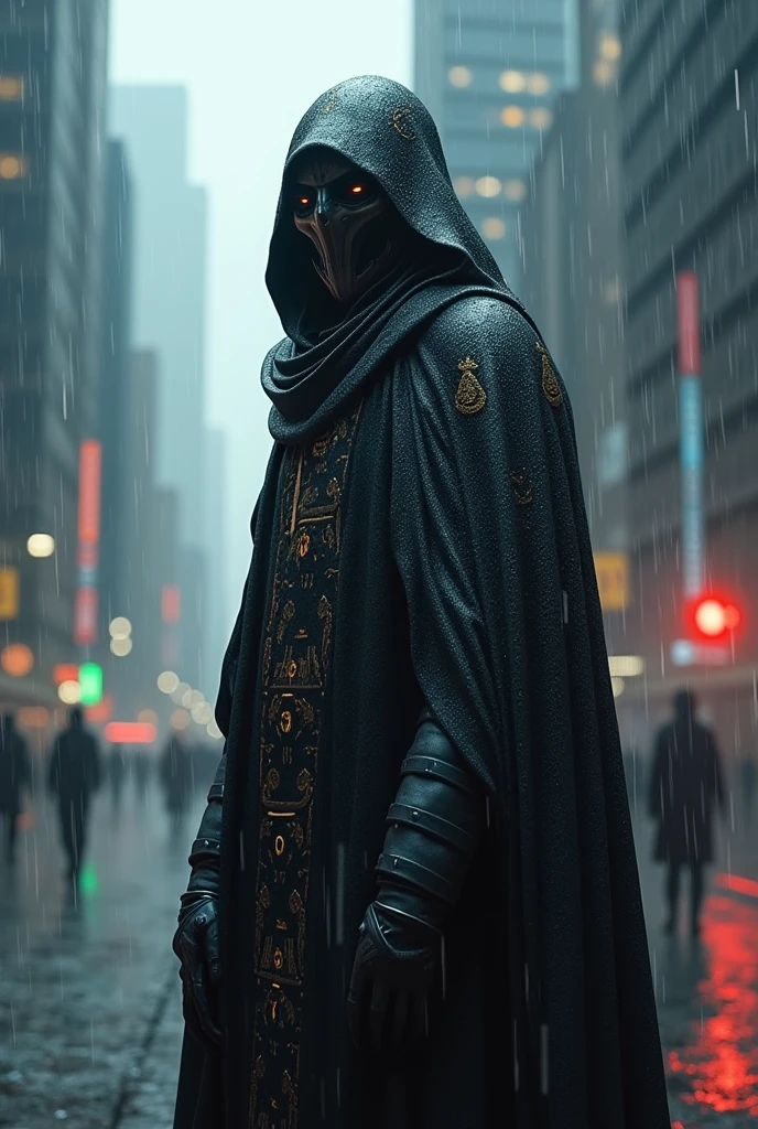 soldier with futuristic mask and oreto cloak in rainy city