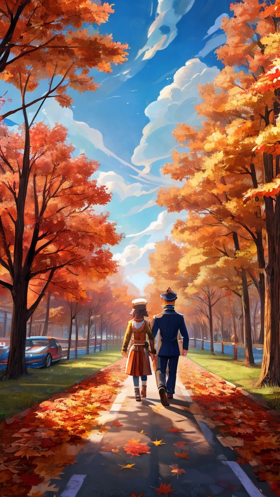 Couple , walking on a rainbow coloured road, autumn trees, vibrant sky, navy blue and orange color light clouds, anime, super detailed.