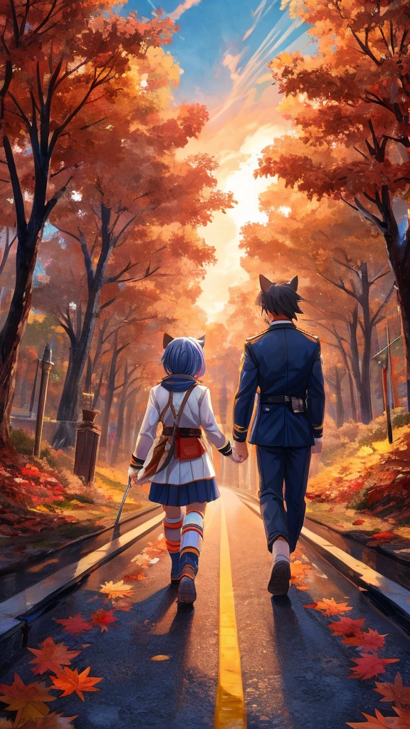 Couple , walking on a rainbow coloured road, autumn trees, vibrant sky, navy blue and orange color light clouds, anime, super detailed.