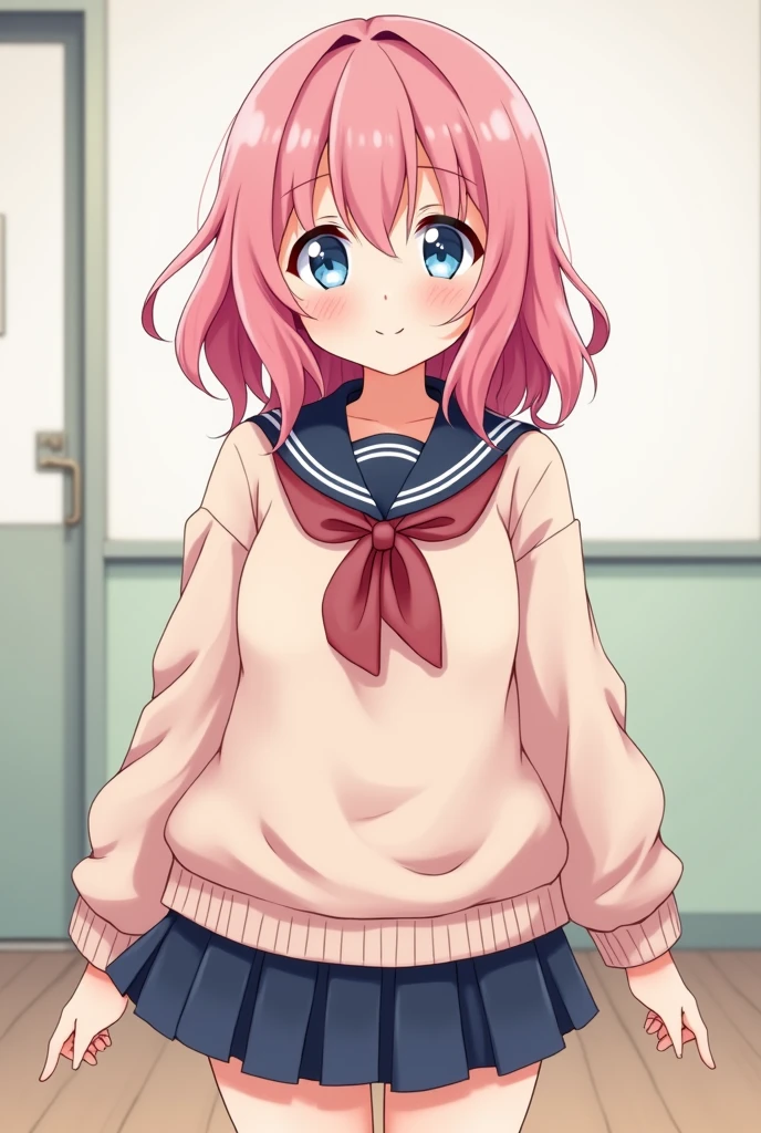 Draw an anime style girl with a chubby body and soft curves, with wavy pink hair that reaches her shoulders. Her large, expressive eyes are a light blue, conveying a mixture of sweetness and determination. She wears a Japanese school uniform sailor outfit., like a loose pastel colored sweater and a pleated skirt. Your personality is cheerful and outgoing., always with a smile on your face, but she also has a shy side when it comes to her feelings