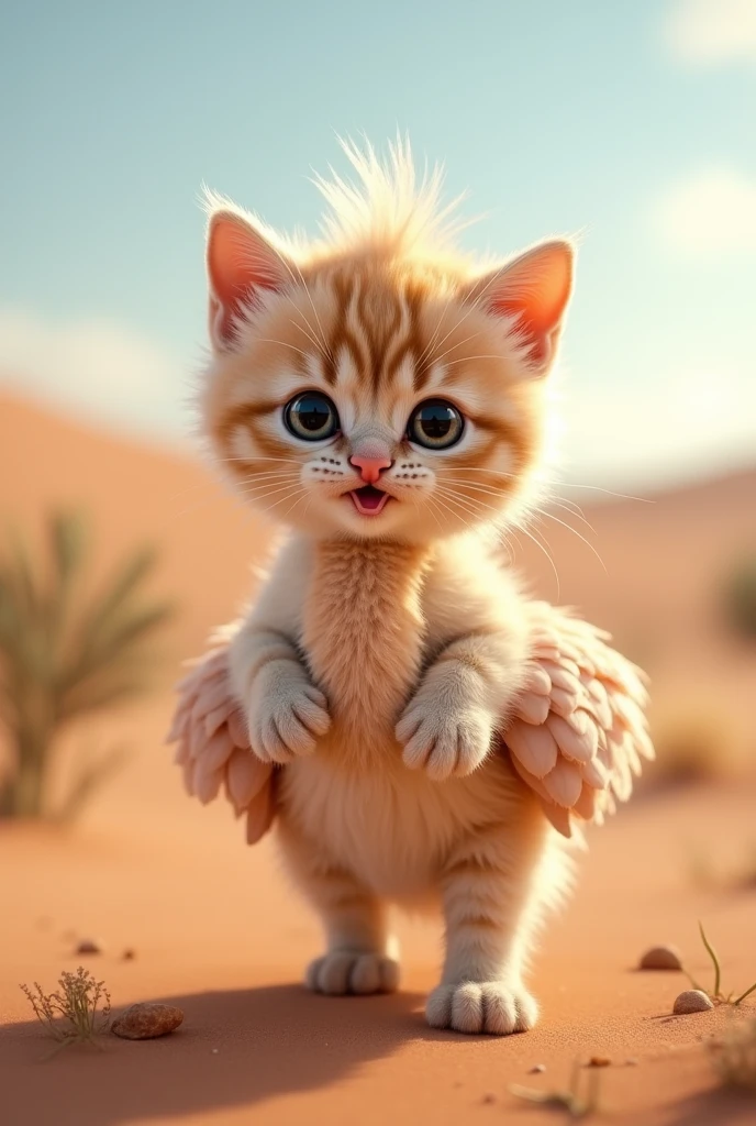 kitten cute Ostrich costume Desert background Real