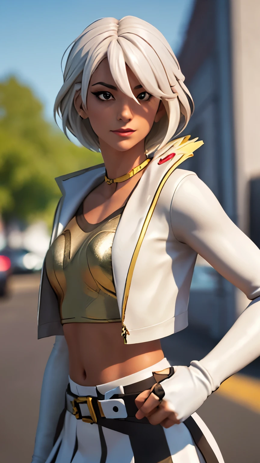 City background, 1girl, solo, HeroicHopeFN, Heroic Hope from fortnite, (crop top, gold top, open clothes), (jacket crop top, white jacket, jacket loose, one short sleeve, one long sleeve), fingerless gloves, white skirt, miniskirt, belt, white hair, short hair, lipsticks, smirk, heart, upper body, looking at viewer,