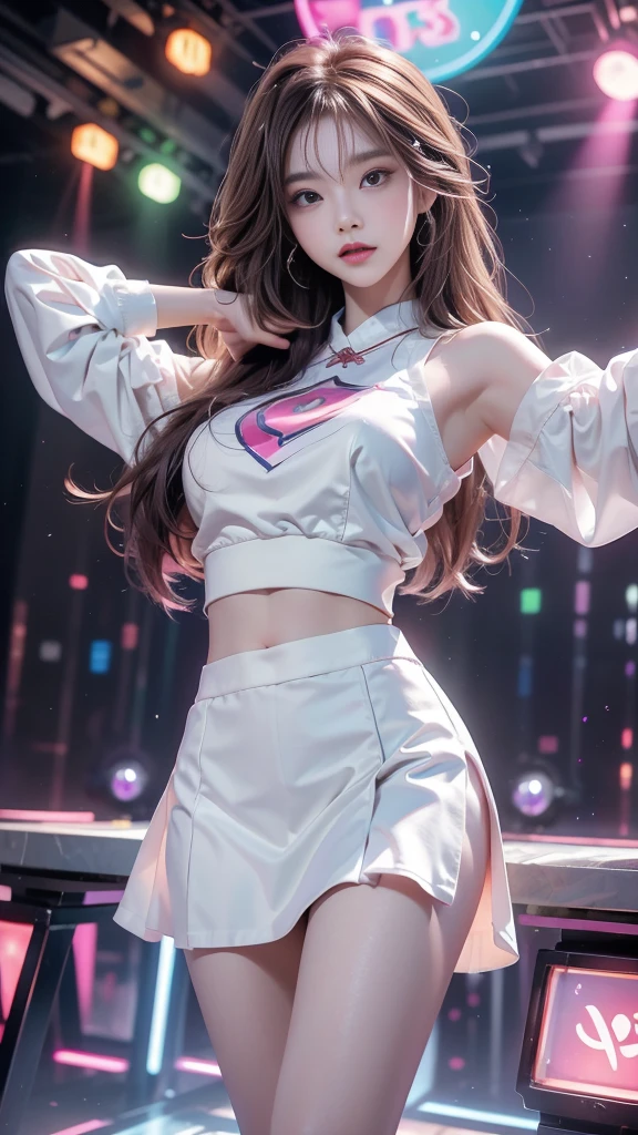 ulzzang-6500-v1.1, (RAW photo: 1.2), (Real photo), (Real photo: 1.4), 1 girl、Perfect anatomy、1、Looking at the camera、Medium length hair、dance white skirt, dancing in a lively disco, under colored lights, (( in the disco night: 1.1))、(Business service)、Asian eyes Ella,