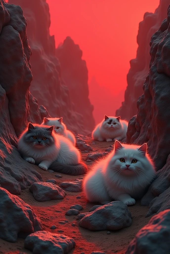 rocky terrain and red lighting. fluffy cats on the rocks
