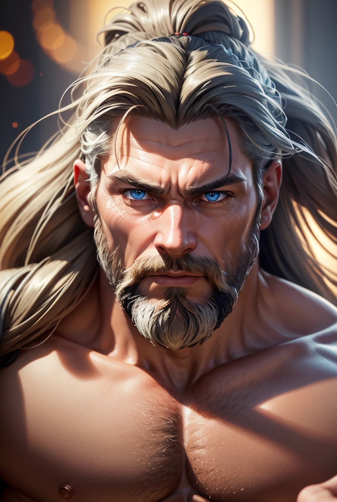 A muscular, Greek god Zeus with long hair, piercing blue eyes, a white beard and a mischievous, flirtatious expression, (best quality,4k,8k,highres,masterpiece:1.2),ultra-detailed,(realistic,photorealistic,photo-realistic:1.37),HDR,UHD,studio lighting,ultra-fine painting,sharp focus,physically-based rendering,extreme detail description,professional,vivid colors,bokeh,portrait,fantasy,highly detailed anatomy,award-winning