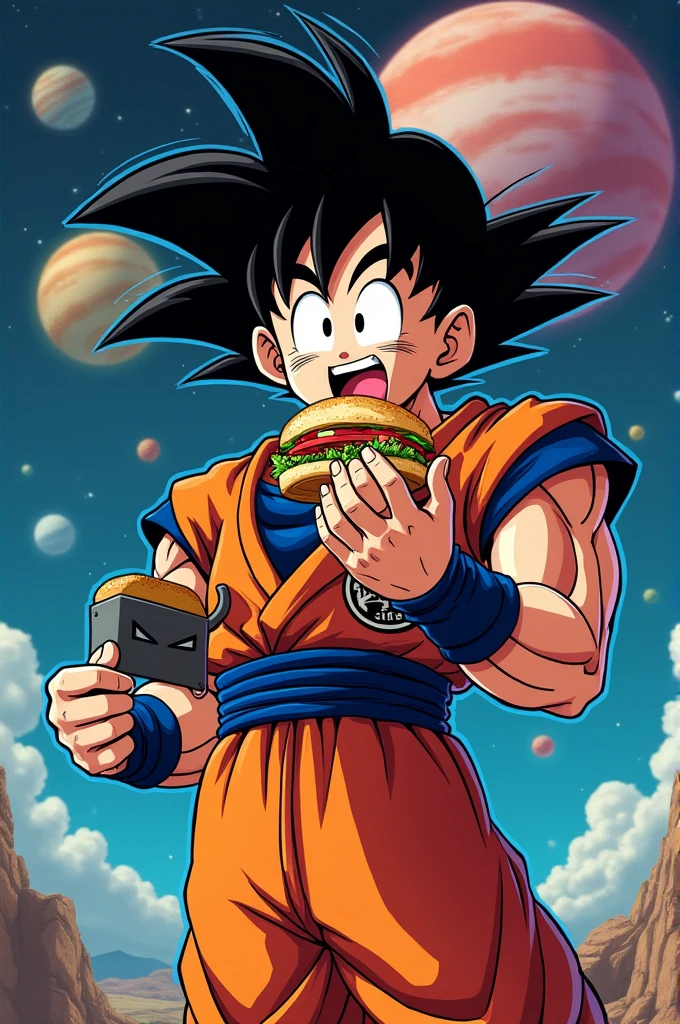 goku eating a sandwich in space with the background saying DISKWICH GRAFFITI style