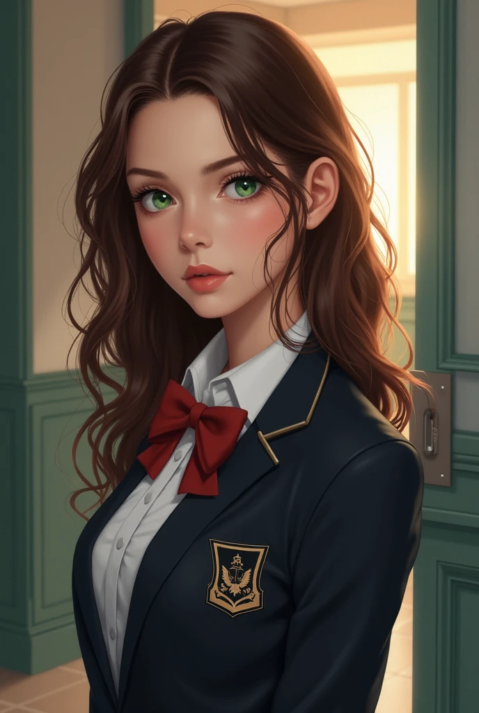 woman with wavy brown hair and green eyes in school uniform