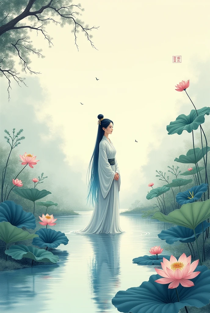 ((4k,masterpiece,best quality)), shuimobysim, traditional chinese ink painting, lotus, hanfu, maxiskit, dress conservatively
1girl, solo, big chest, long blue hair, smile, standing, feet in the water, barefoot,