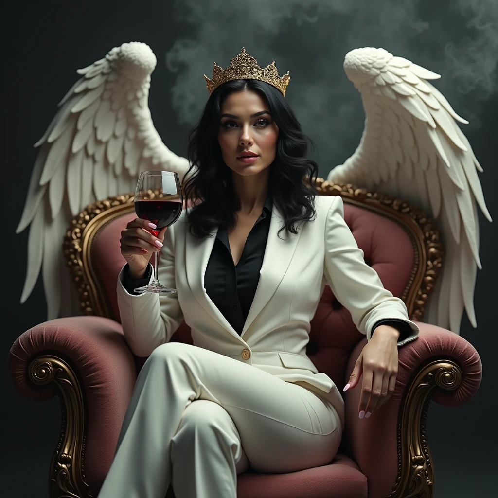 Create a realistic full body image where a woman wearing white luxury suit with black shirt, her hair is black and silky and sitting on sofa with wings with crown 👑, she's holding a 🍷 wine glass in her hand, there is smoke in background a shadow. In background the name "Bebo" bold and glowing, showing in bold reflection in shadows.