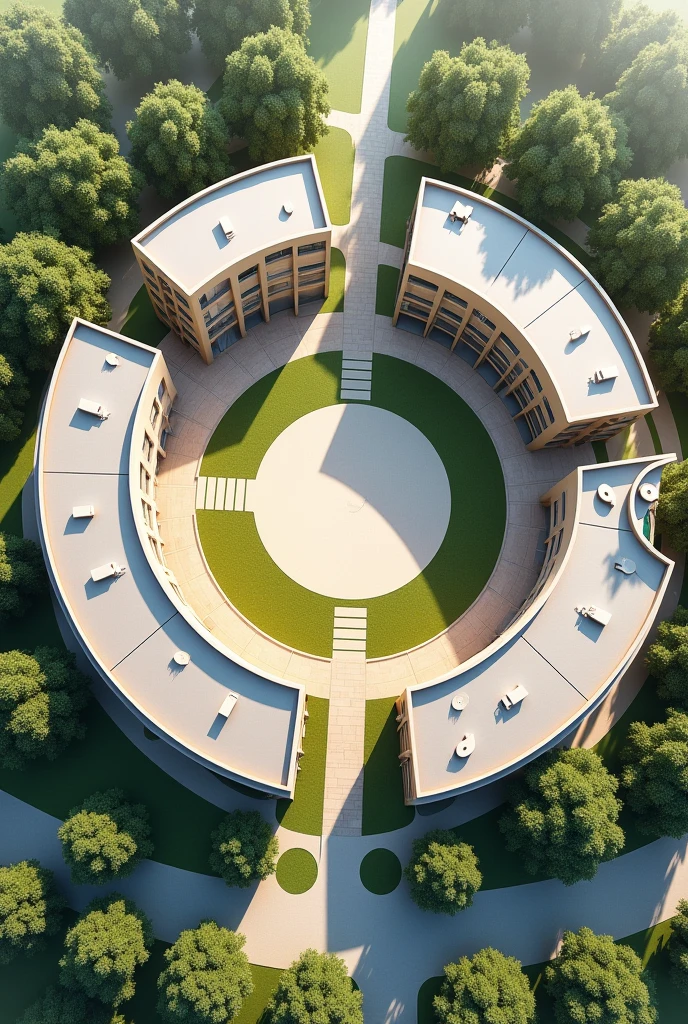 circular school, architechture, new urbanism, withouth People, aerial view, corridors around, Inner Courtyard, childhood theme, sports area annex