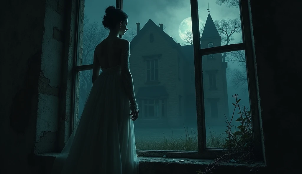 A shadowy, abandoned mansion in the dead of night, with the faint outline of a ghostly bride with coal-black eyes glaring from a cracked window.