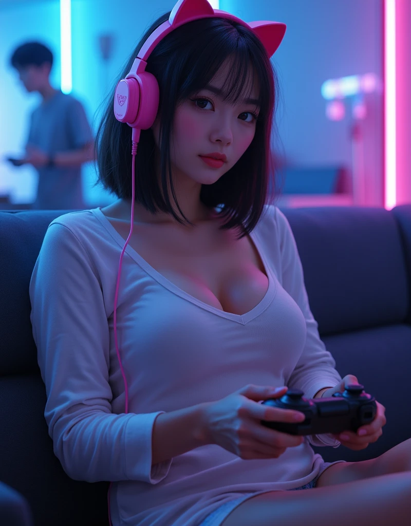 1girl,solo,27years old, realistic skin, 165cm height,57kg weight,bob hair,japanese,Rough skin,(looking at viewer:1.2),playing game,on a couch,wireless pink head set with kitty ears on it,cleavage,no pants,curvy,beautiful face,beautiful,master priece,photo realistic,,figures in the background,blue and purple neon lights in the background,tight slim fit long sleeve t-shirt,gamer vibe lights,glasses,no bra,no one in the background, show panties,no anime style,no 3d,super realistic,game pad in a hand