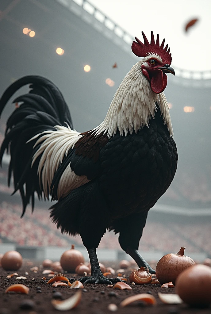 Big black and white rooster only (The rooster), angry, kneading, destroying onions in a huge stadium