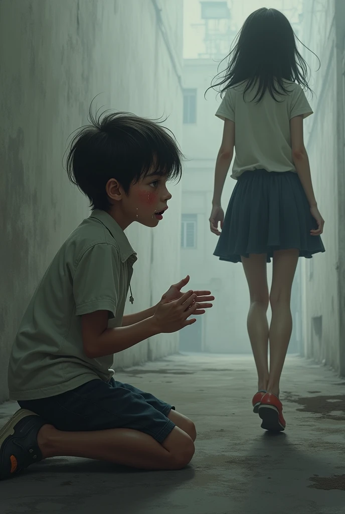 "A boy kneels on the ground, tears streaming down his face as he reaches out to a girl walking away from him. The girl, appearing indifferent or detached, continues to walk away, leaving the boy in a state of despair and "A boy kneels on the ground, tears streaming down his face as he reaches out to a girl walking away from him. The girl, appearing indifferent or detached, continues to walk away, leaving the boy in a state of despair and longing."