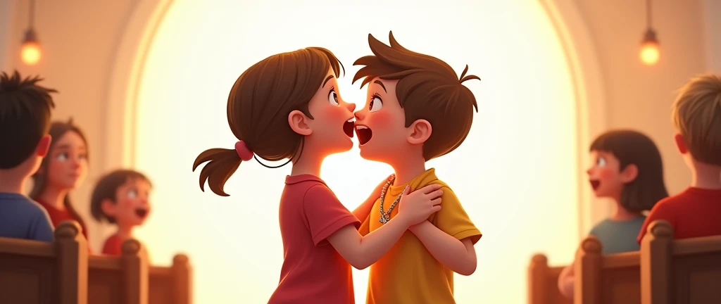 two children hugging each other back to back with their hands raised up singing in church. one of the children wears an autism symbol necklace WITH WHITE BACKGROUND
