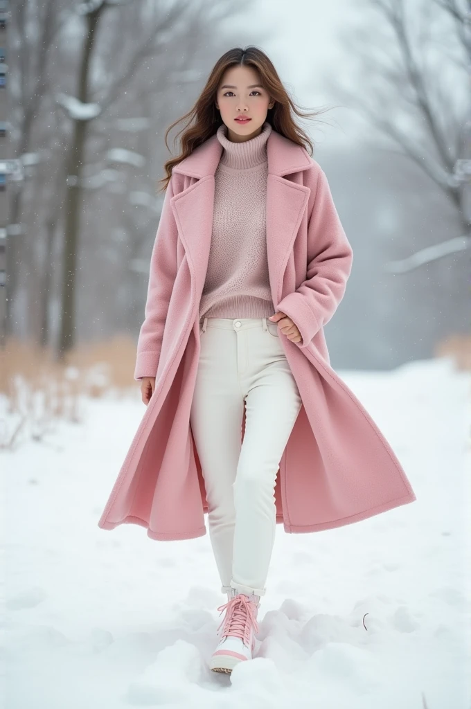 a wemens winter outfit with pastel white pant and sweter with light rosy pink over coat