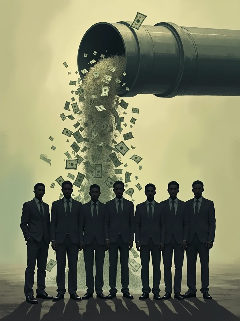 6 humans, next to each other, not clear, just your figure, silhuette, in the background a pipe gushing money, the bills appear coming out of the pipe