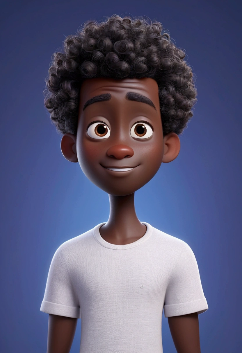 Create pixar 3d style , a black-skinned man with cute, shaved curly hair