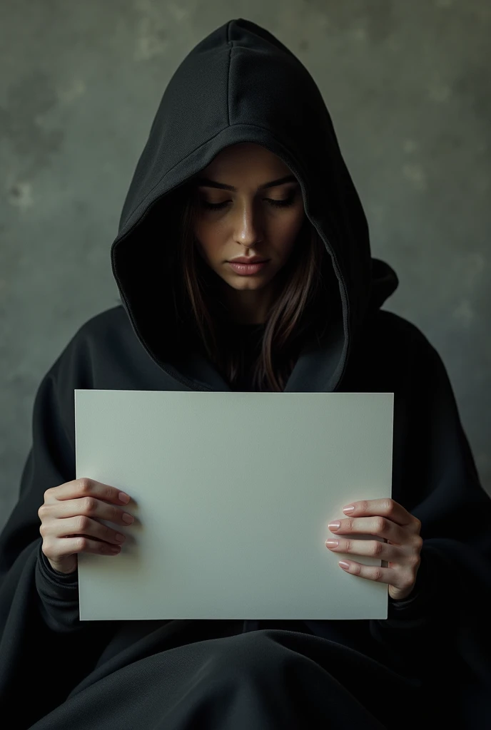 Deborah De Corral with a hood, sitting with a blank sign 