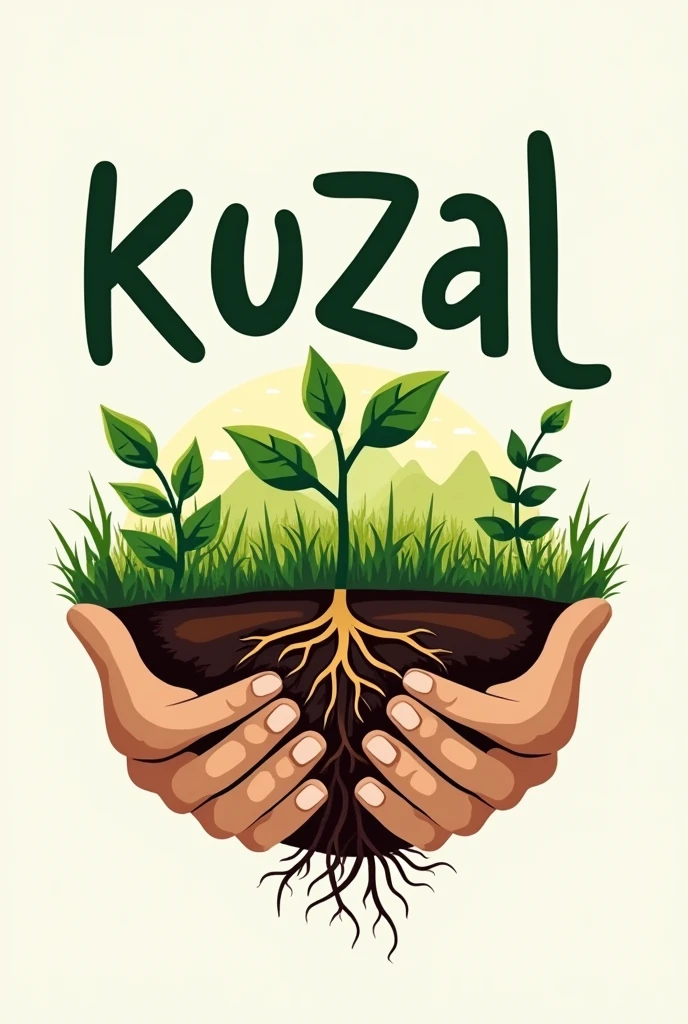 Logo for a composting soil improvement project featuring hands simulating plant roots, plants, land, above includes the name of "KUZTAL"