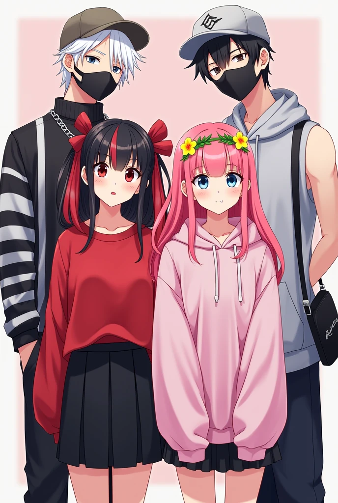 2 girls and 2 guys,they all 4 PEOPLE in art style
one of the girl has red and black hair, she's wearing red long sleeve shirt and black long skirt.
Another girl has pink hair with kpop's TWICE merch such as headband and pink hoodie and she has yellow flowers crown.
one of the guy has a black hair and wearing face covered mask, he's also has a Japanese type of cap and its black, he's wearing long sleeve shirt wuth black and white striped pattern.
Another 1 guy,has a white hair,has a binie cap and wearing sleeveless grey hoodie and carry a black bag, he's didn't wear a mask but he's wearing a silver chain around his neck,he has bicep
they all taking a group photos in formal for a profile picture