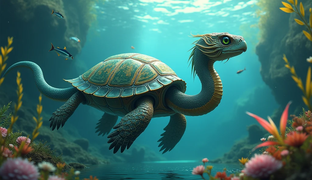There is a magical turtle at the bottom of the river with a bird's head and a snake's tail(best quality,4K,8k,High level,masterpiece:1.2),Ultra Detailed,(lifelike,Photo real,Photo real:1.37)