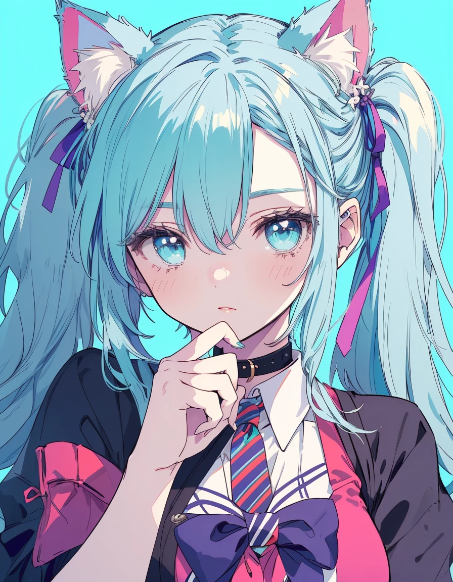 twin tail, rainbow hair color, Idol, stage, ((masterpiece, best quality:1.5)), ((Beautiful detailed cat aqua eyes:1.2)), cat ears, pale skin, medium breasts, beautiful hands, beautiful fingers, EasyNegative