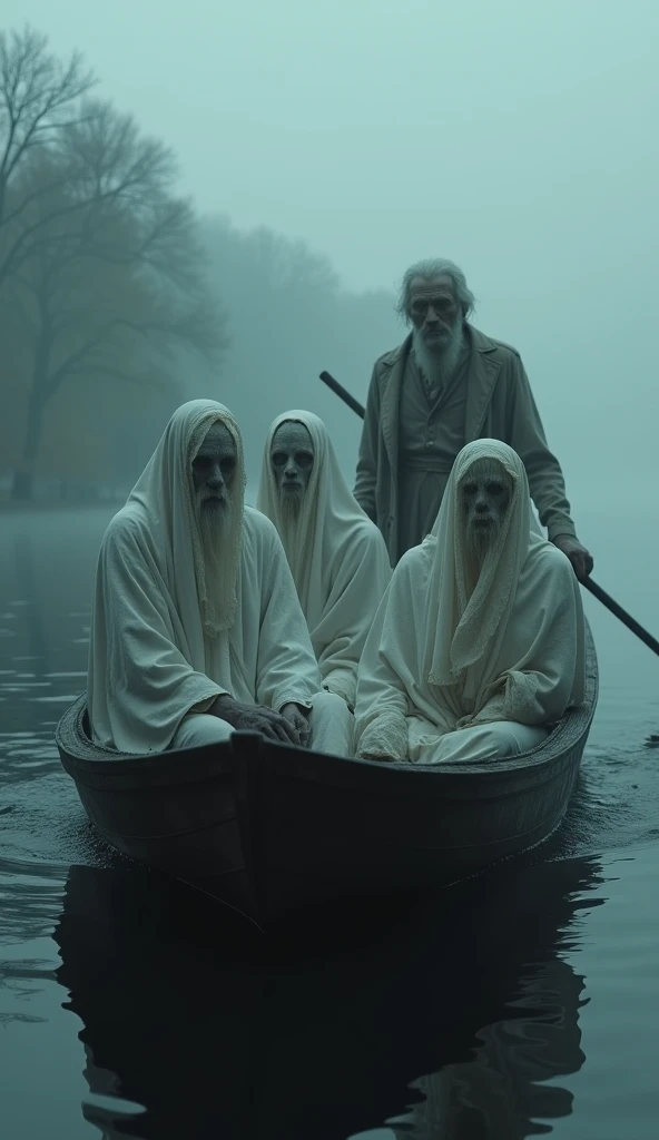 Souls in boat dressed in white with a boatman looking old ghostly figure cinematic realistic on Thames river