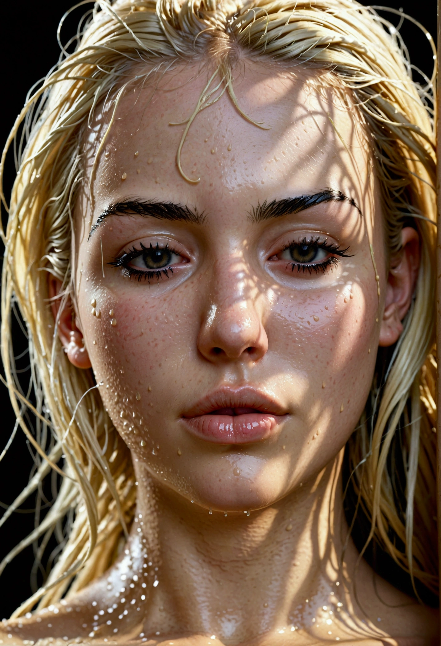 Photorealistic: 1.2, young woman, Caucasian face, high detailed face, blonde hair, A 1 girl naked ((highly detailed women face) with long black hair and (beautiful detailled black eyes:1.2)(closed mouth:1.2), some facial imperfections, ultra detailed, beautiful girl, real human wet skin, striking features, beautiful, intricate details, tension, contrast, (texture:1.1) (realism:1.1)