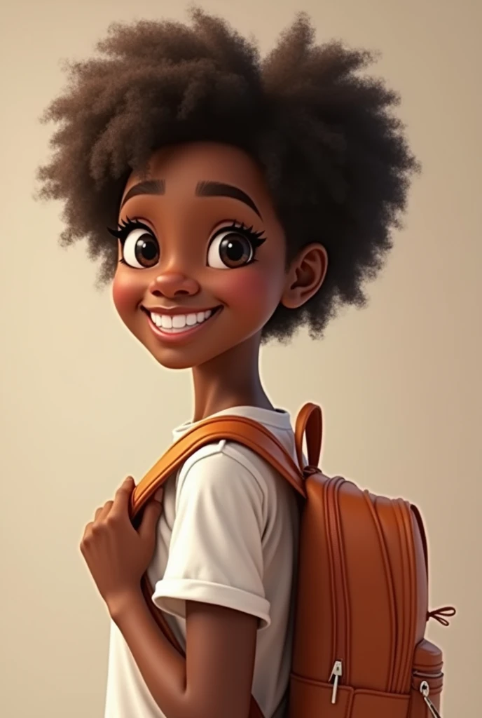 Create a image of a black skin colour student in a side angle with a backpack and a smile in the face