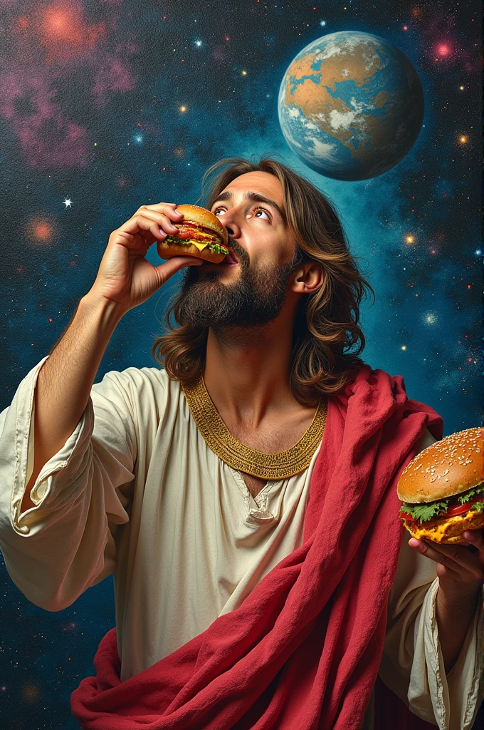 Jesus eating a sandwich called DISKWICH in space GRAFFITI style