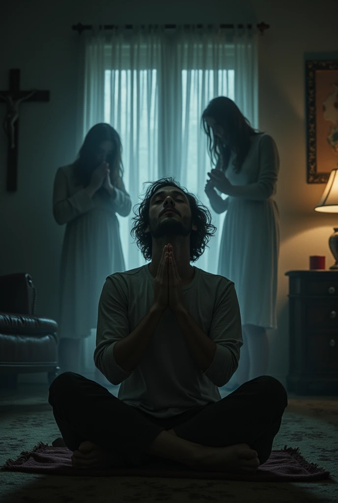 Image of a person praying in his living room and evil spirits around him
