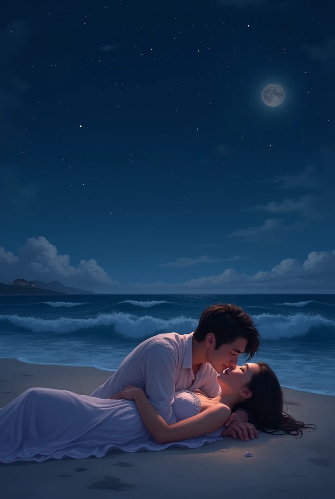 um casal, lying on the sand on the beach, the night, falling in love.
