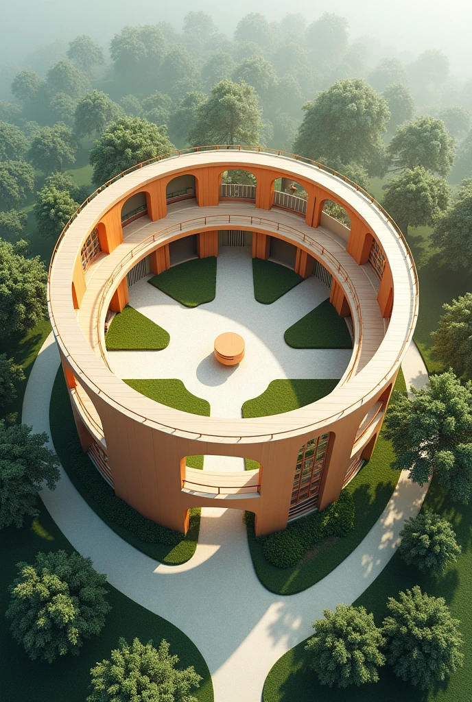 circular shaped nursery school, architechture, withouth People, aerial view, corridors around, Inner Courtyard, Thematic