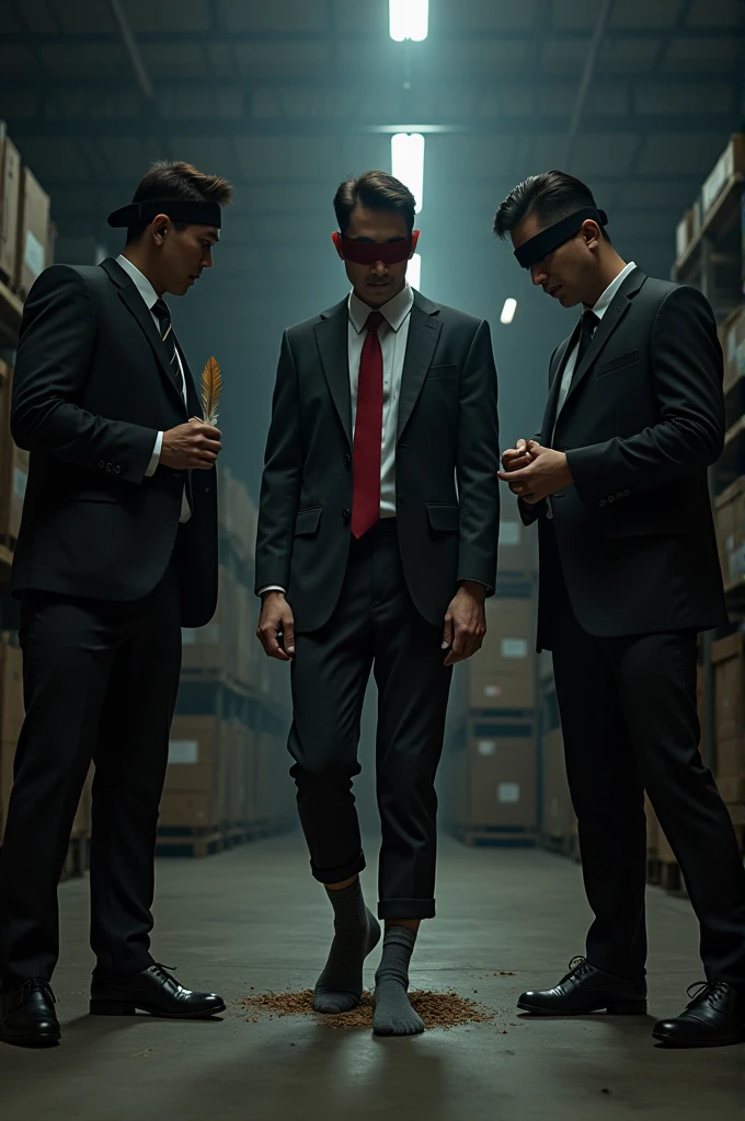 Malaysia malay handsome 21 years celebrity
His handcuff  in warehouse 
Blindfolded
Black Suit and Red tie
feet on desk
feather
shoes on desk 
5 toes each feet 
Grey sock
Smock effect smelly sock
1 man sniff  his socks
1 another man  tickling his feet using feather
He laugh very hard