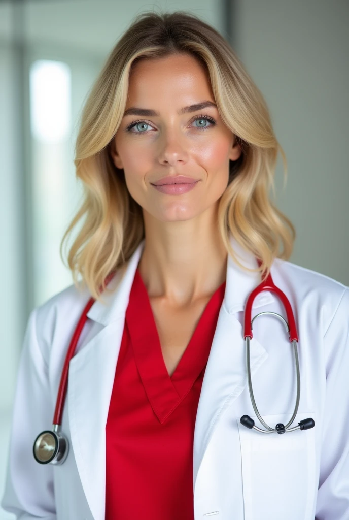 Portrait of blond dermatologist doctor with white room in background, cabelo loiro, medium, com roupa vermelha e jaleco