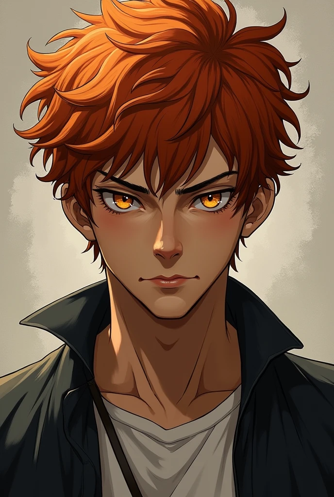 A boy with a strong build, Cao Cao, hard, expressionless face, with curly red hair, very light brown eyes, almost honey, and a small mouth. 