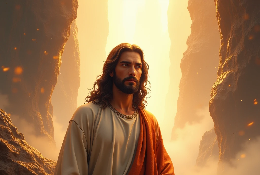 realistic painting Watercolor oil painting as Cover design for a book about the story of Jesus Christ in a glory view with title logo for book name Jesus,picturesque appearance as Italian christian imagine Jesus Christ, Jesus Christ looking forward in a glory view,merged effect,The cover should have christian themes,with deep effect background, magnificent magical background blurred,, Jesus with long brown hair,Jesus looking forward, with Jesus name title logo calligraphy,straight eyes looking,Jesus is in the middle of the book\\\'s design ,خلفيه هادئه, unreal engine 5,8k,horizontal design, inspired by Hany rady, happiness and romance color
