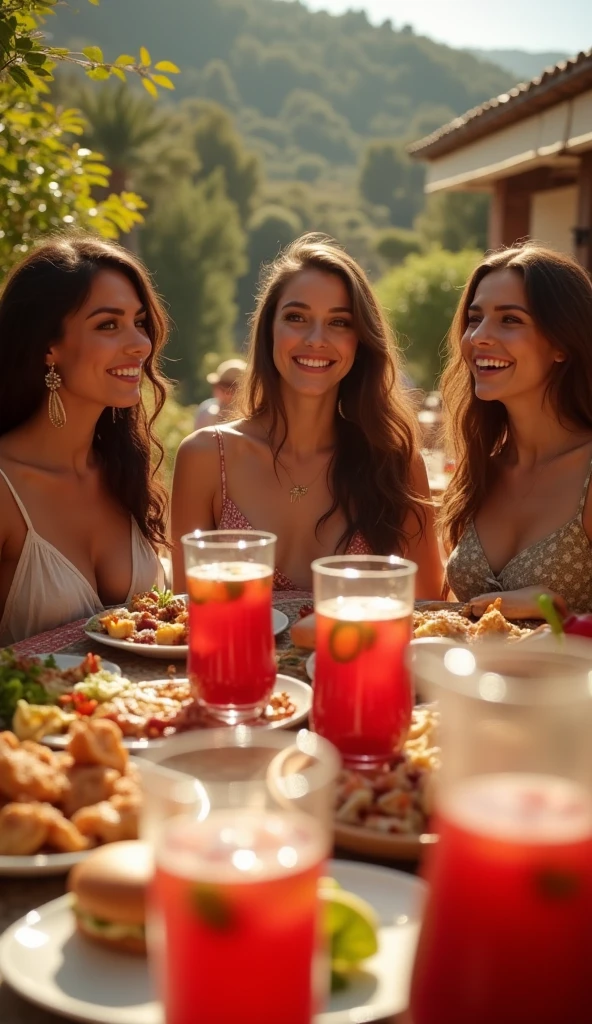 a group of friends around a table filled with tapas, terrace, sun, sangria, abundant spanish food, pretty girls, traditional spanish atmosphere, outside, beautiful detailed eyes, beautiful detailed lips, extremely detailed eyes and face, long eyelashes, intricate details, hyperrealistic, photorealistic, highly detailed, cinematic lighting, warm color palette, vibrant colors, natural lighting, masterful composition, masterpiece, seamless blending, studio quality