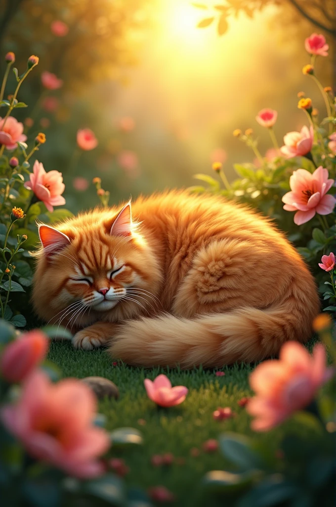 A ginger colour persian cat sleeping in garden at sunset 