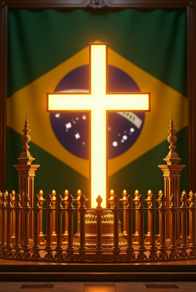 An illuminated cross, surrounded by a detailed gold colored fence,having the Brazilian flag behind the cross, from the state of Santa Catarina and the municipality of Paulo Lopes with golden rods