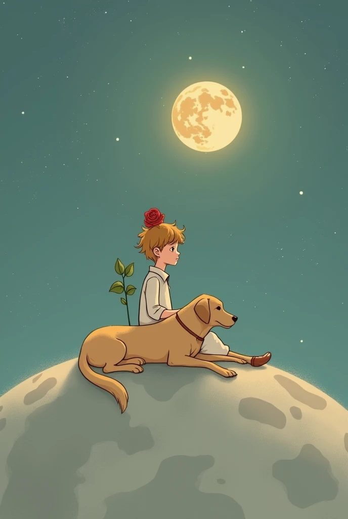 Scene from the little prince: little Prince (as a woman) with the fox as a labrador dog sitting on the moon with a rose on their back