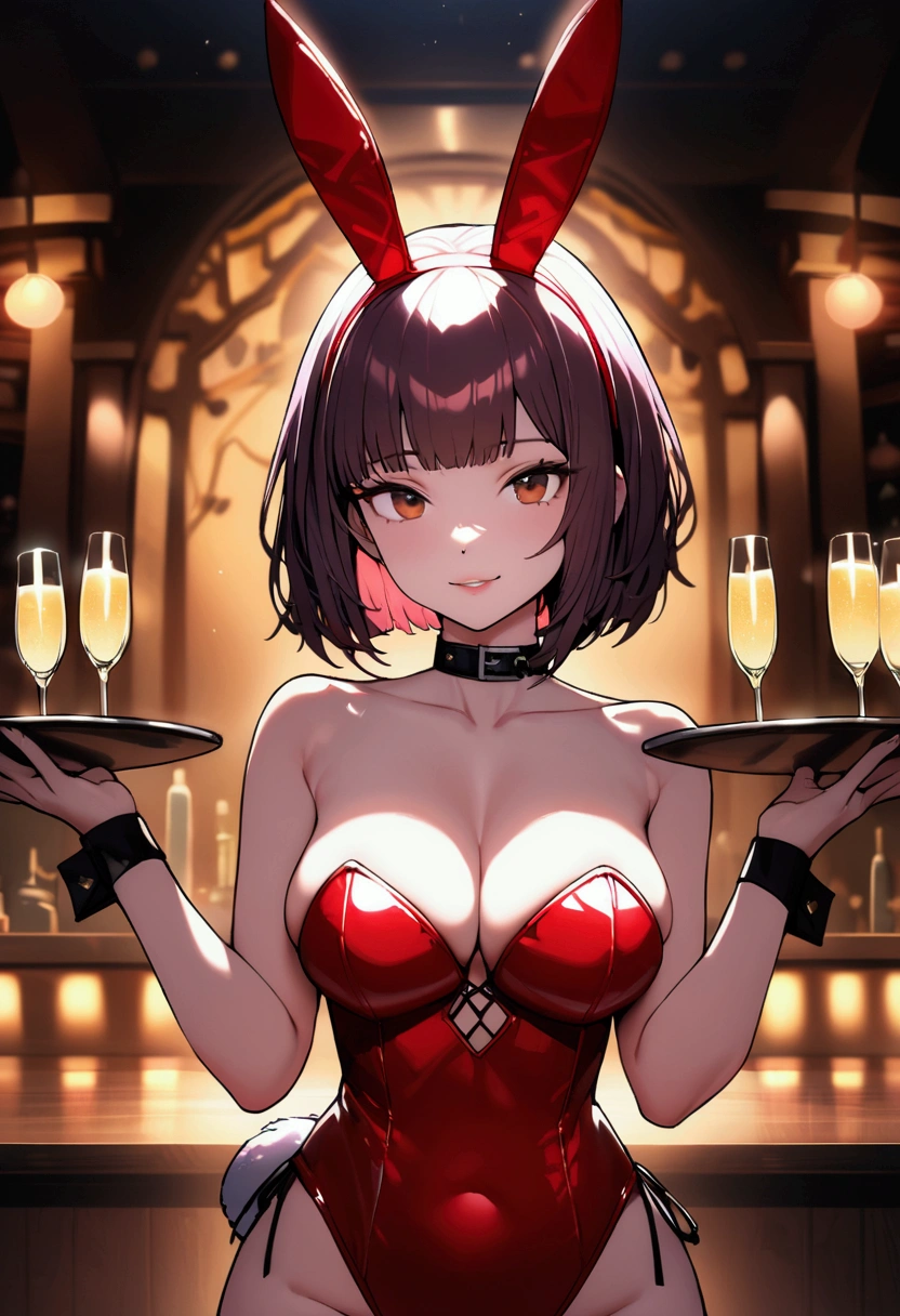 masterpiece, absurdities, (intricate details), (showy),cinematic lighting, bust shot, Extremely detailed CG unity 8k wallpaper, 1 girl, violet fur, by the wavy cut, bob cut, Brown eyes, light smile, Chapped lips, average breasts, neckline, Fake animal ears, choker, red leotard, playboy bunny, Tray, champagne, smile, looking at the viewer, cowboy shot, shaman240