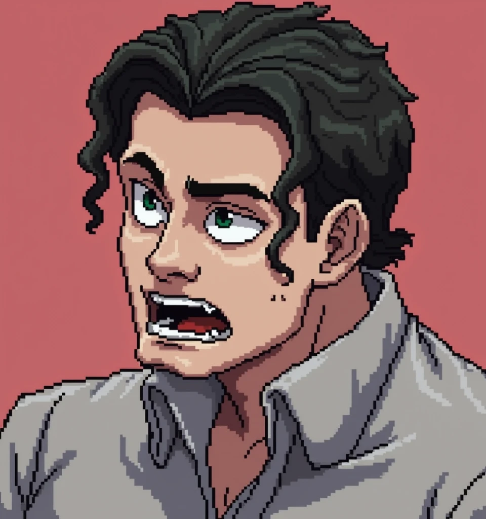 An adult, Strong face, a serious person, dark hair, shaved hair on the sides, mullet style, The eyes, Caucasian skin, pixelated animated, not realistic