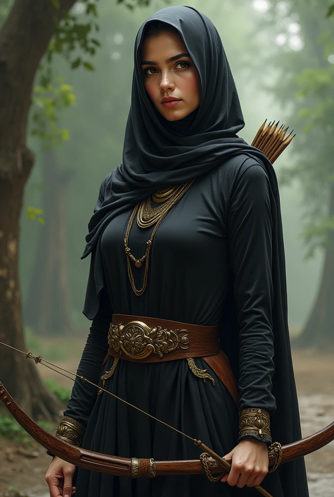 Serikandi woman in Malay hijab with black dress and archery